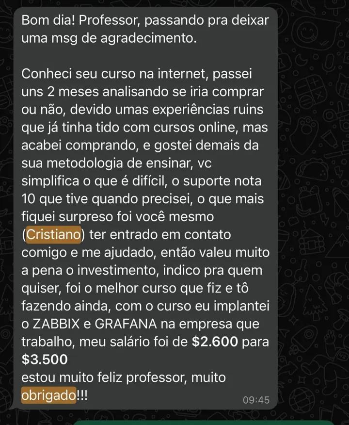 Depoimento de aluno: salário de R$ 2.600 para R$ 3.500 após implantar Zabbix e Grafana