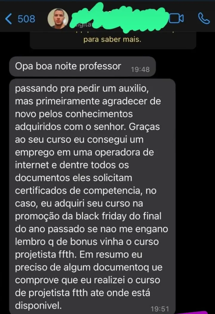 Depoimento de aluno: emprego em operadora de internet